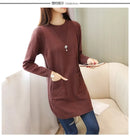 Solid Long Sweater Women Clothing 2025 New Korean Pocket Knit Sweater Dress Casual Warm Loose O neck Long sleeve Ladies Pullover