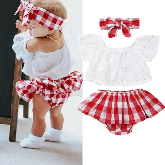 Lioraitiin 3Pcs Set 0-24M Newborn Baby Girl Clothes Cute Summer Off Shoulder Lace Tops+ Red Plaid Short Dress Headband Outfit - M & M Global