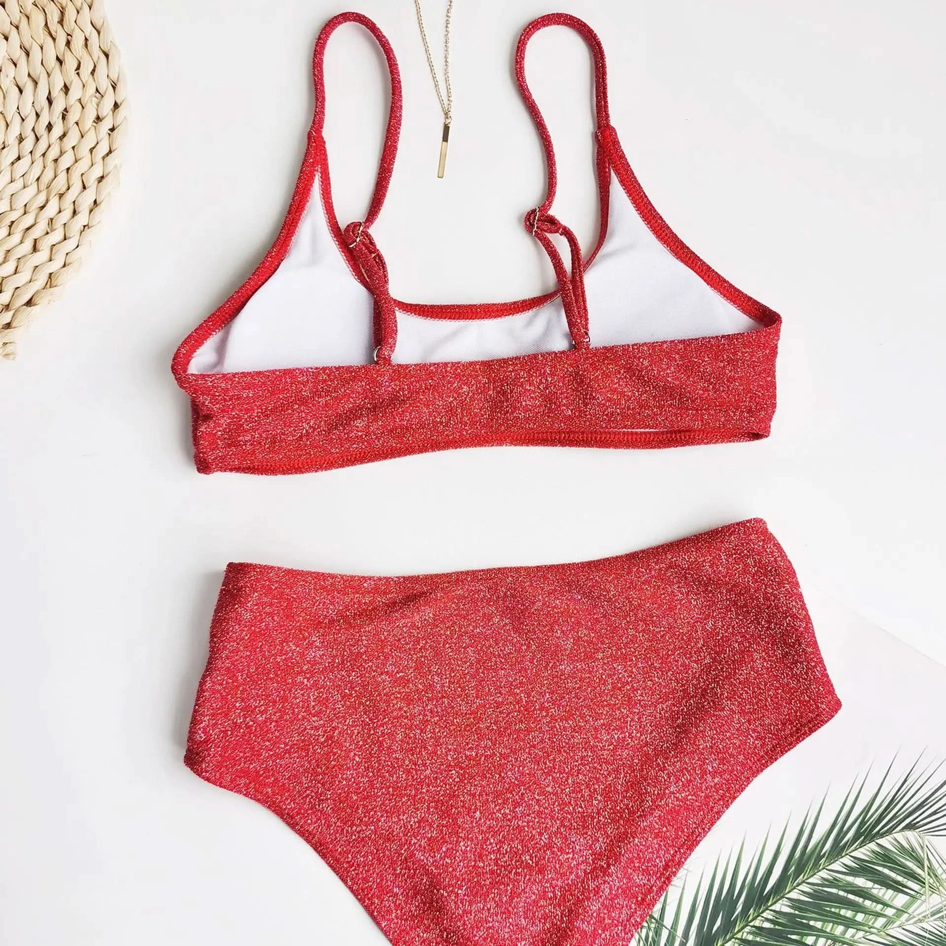 Sexy Sequin Bikini Shiny Solid Pink Push Up High Waist Bikini Set Female High Cut Bathing Suit Halter Top Swimwear Beachwear - M & M Global