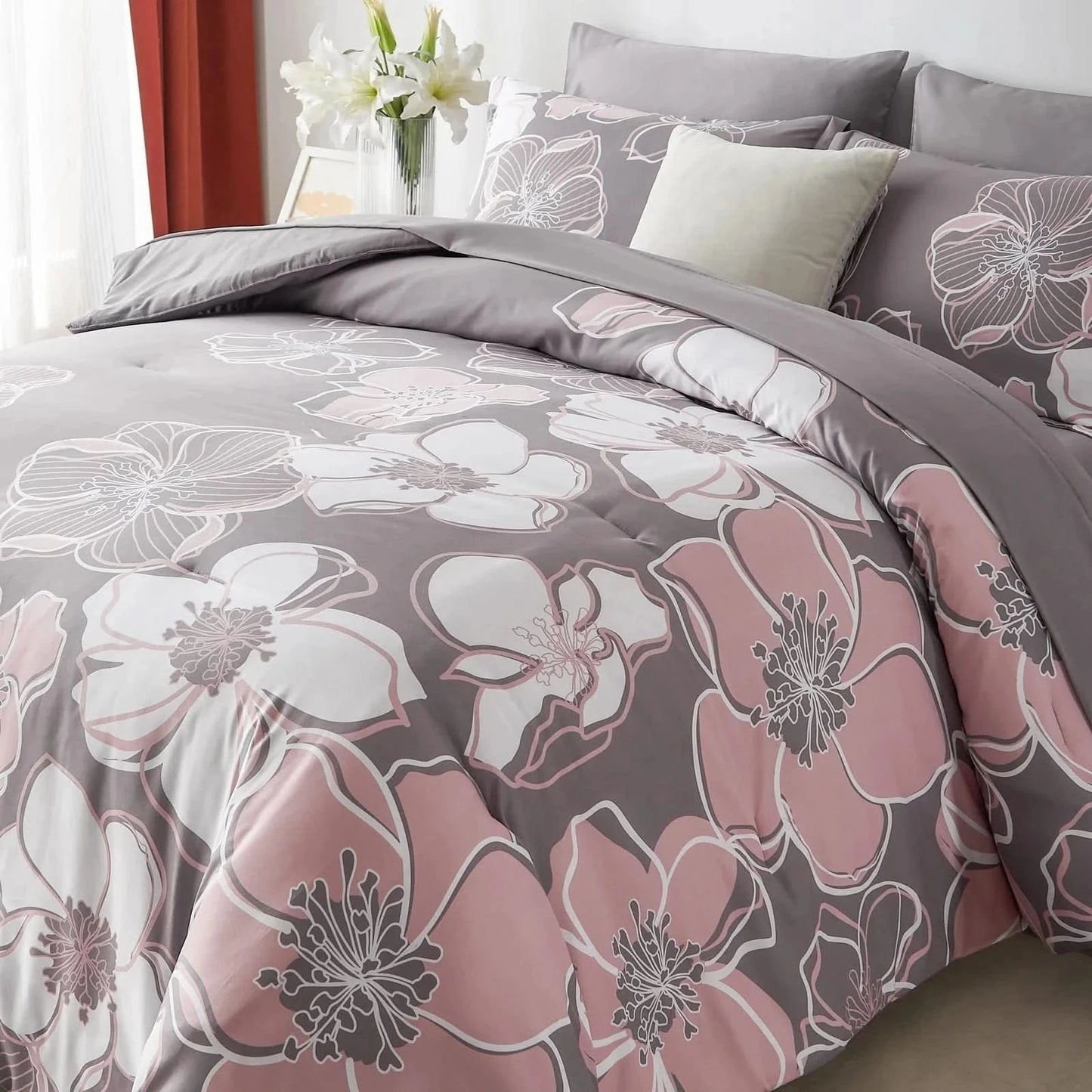 Floral patterned comforter set on a bed with pillows and a vase of flowers.
Queen floral comforter set

Large floral print bedding

7-piece microfiber bedding set

All-season comforter

Brushed microfiber comforter

Luxury bed set for queen bed

Fade-resistant bedding

Machine washable comforter

Elegant bedroom décor set

Gift bedding set for holidays