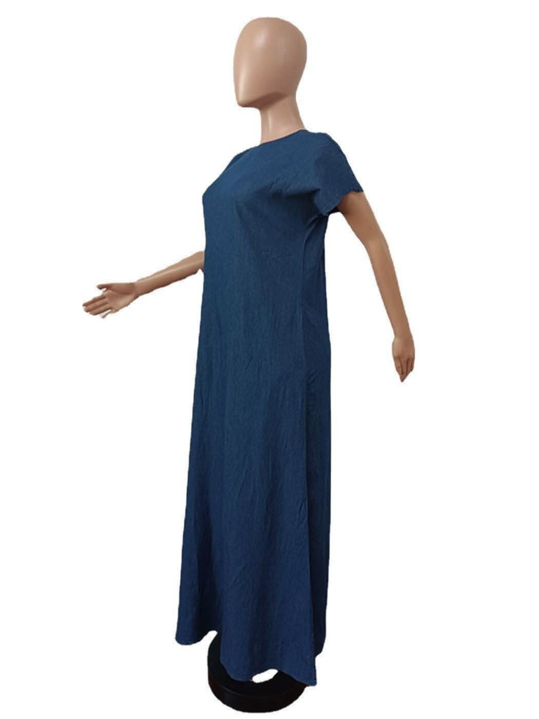 CM.YAYA Vintage Women Fashion Batwing Short Sleeve Denim V-back Loose Slim Maxi Long Dress 2023 High Street Vestido Jean Dresses - M & M Global
