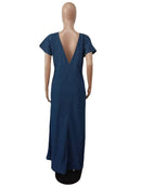 CM.YAYA Vintage Women Fashion Batwing Short Sleeve Denim V-back Loose Slim Maxi Long Dress 2023 High Street Vestido Jean Dresses - M & M Global