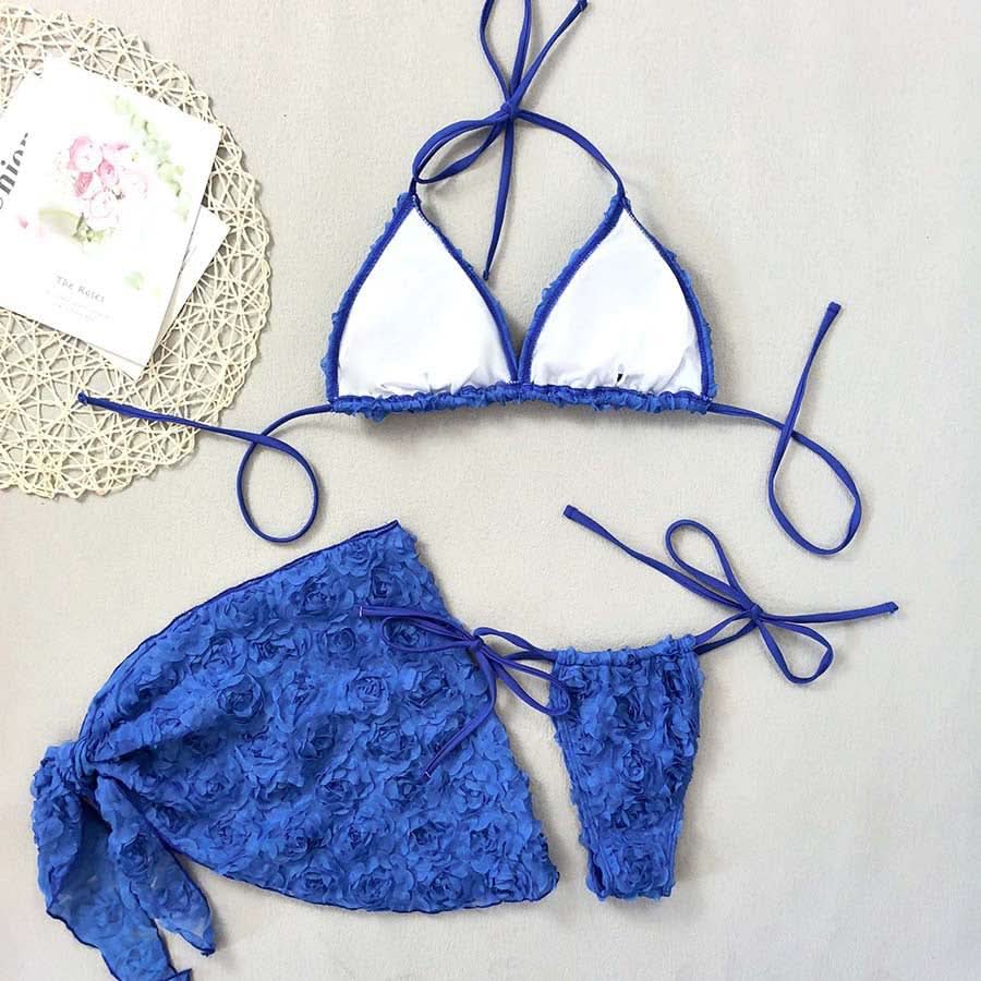 Women's Sexy 3 Piece Bikini Set 3D Flower Beach Skirt Swimsuit Pure Pink Triangle Halter Backless Thong Swimwear 2025 Summer New - M & M Global
