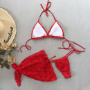 Women's Sexy 3 Piece Bikini Set 3D Flower Beach Skirt Swimsuit Pure Pink Triangle Halter Backless Thong Swimwear 2025 Summer New - M & M Global