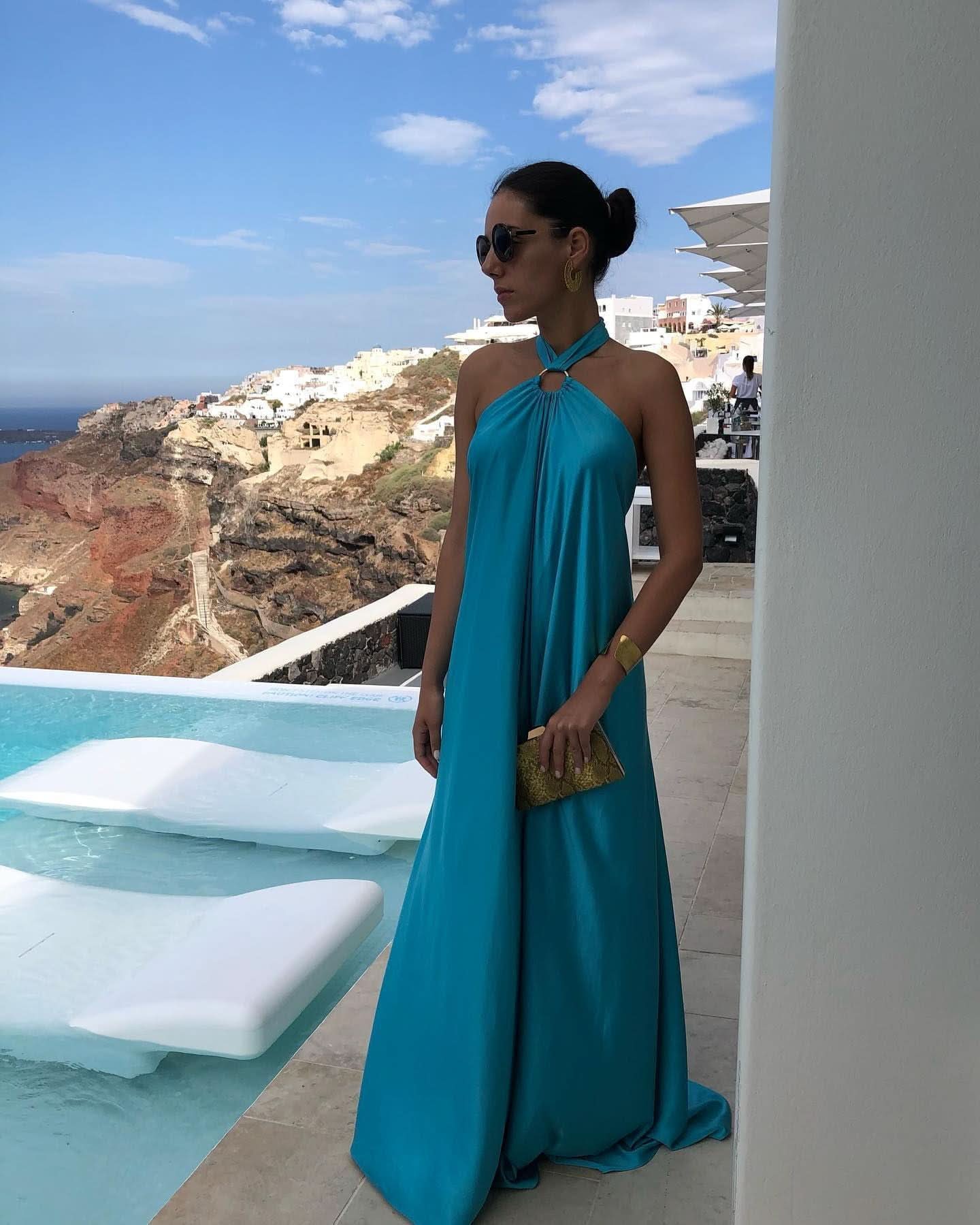 Summer Satin Sexy Women Long Dress Fashion Blue Elegant Vestido Halter Sleeveless Party Evening Dress - M & M Global
