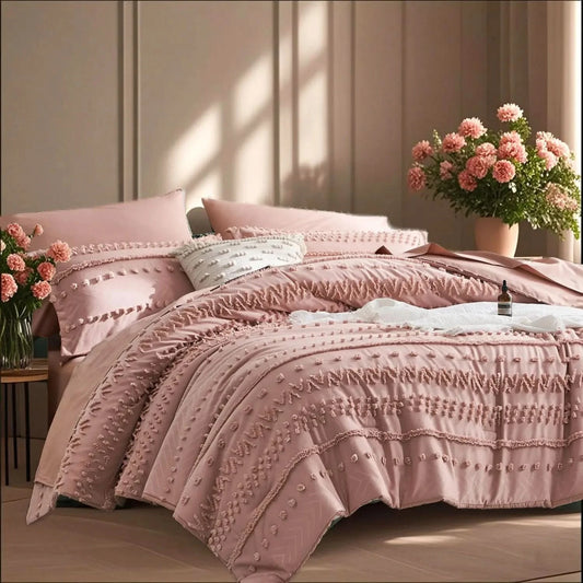 Pink textured comforter set on a bed with flowers and a bottle in the 
background
Queen size bedding set

Tufted comforter set

Microfiber bed set

Luxury bedding gift

All-season quilt set

Soft and cozy bed set

Hypoallergenic bedding

Easy care bedding

Full queen bed ensemble
