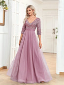 Luxury Pink V-Neck Tulle Splicing Short Sleeves Sequins Evening Dresses Women Elegant Party Short Sleeves Cocktail Gowns