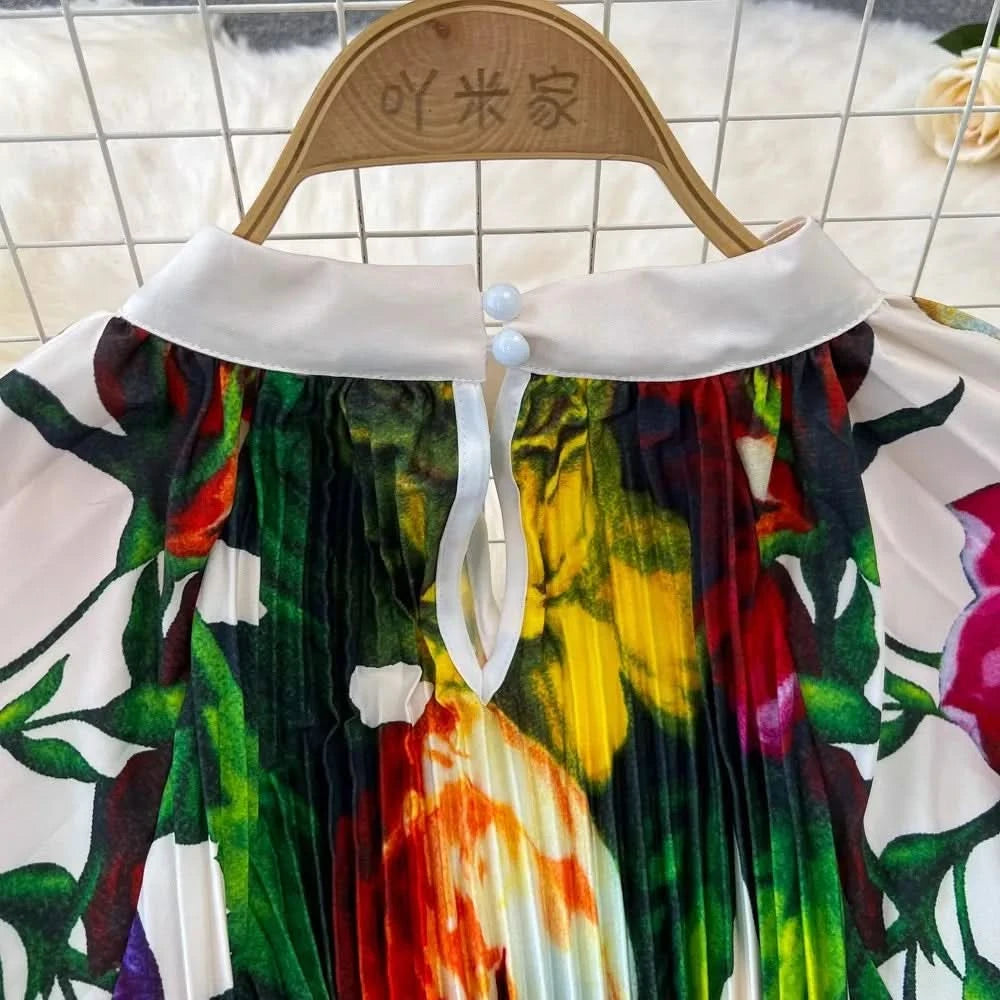 Spring Holiday Print Long Dress For Women Fashion Loose Lantern Sleeve Party Robe Female Big Swing Tassels Belt Pleated Clothes - M & M Global