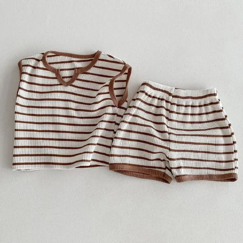 Summer baby clothes 0-5T solid color boys striped sleeveless T-shirt shorts set breathable girls vest short sleeved shorts set - M & M Global