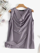 ZANZEA Fashion Cowl Neck Sleeveless Tank Tops Women Korean Style Elegant Satin Silk Solid Color Tanks Office Lady Sexy Camisole