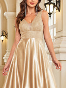 Elegant Sequins Evening Dress For Women 2024 Deep V-neck Satin Prom Party Green Dress Floor Length Blue Formal Gowns