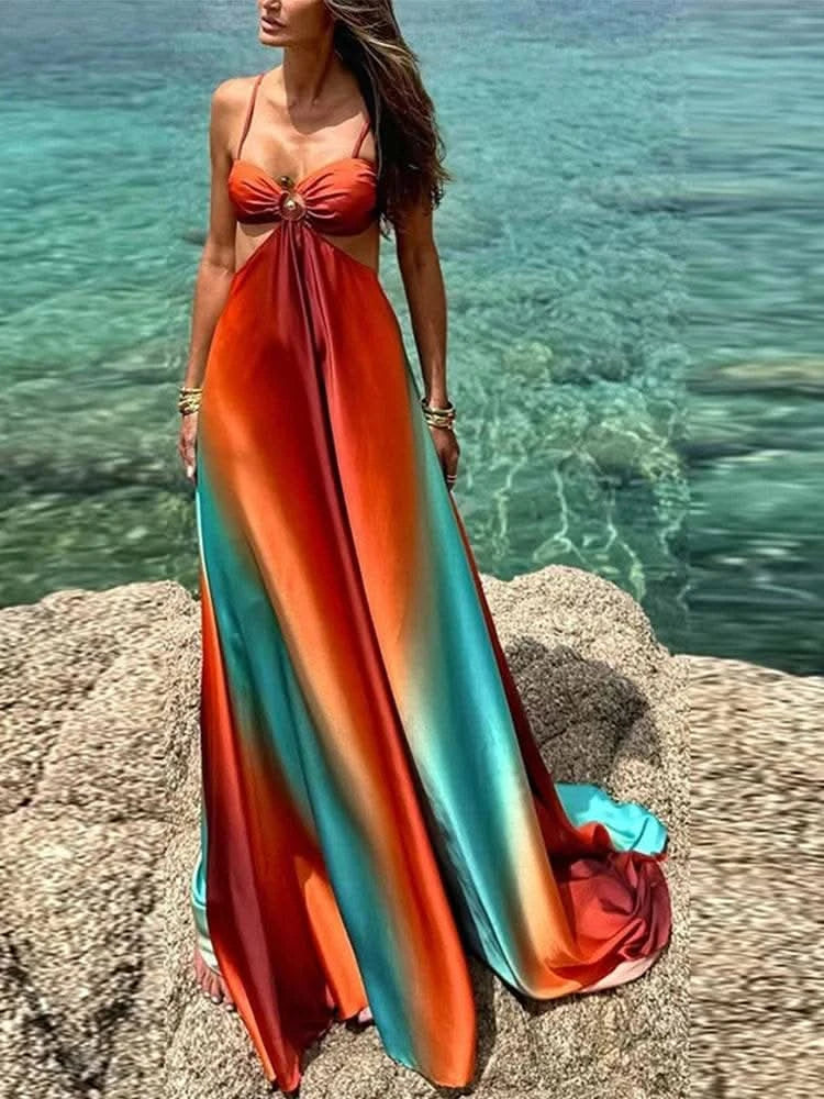 Bohemia Gradient Printed Sling Beach Maxi Dress Women Spaghetti Strap Sleeveless Backless Long Dress Female Hollow Out Chic Robe - M & M Global
