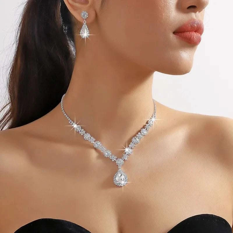 2pcs/set Jewelry Sets Women Elegant Waterdrop Rhinestone Pendant Necklace stud Earrings Wedding Dress Bridal Jewelry Set - M & M Global