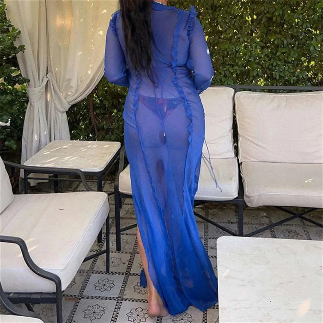 Deep V Neck High Split Long Dress Ruffles Beach Cover Up Bikini Cover-ups Beach Dress Beach Wear Beachwear Female Women V4440 - M & M Global