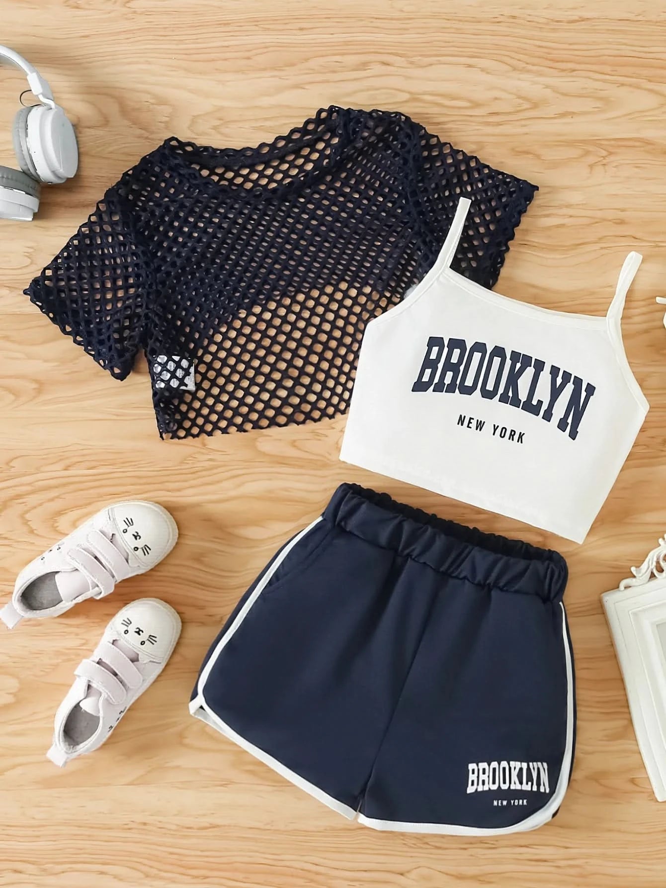 Girls Three-Piece Clothing New Breathable Summer Thin Fashion Short-Sleeved Mesh Top + Letter Printed Short Vest Suspender + Letter Printed Sports Shorts - M & M Global