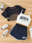Girls Three-Piece Clothing New Breathable Summer Thin Fashion Short-Sleeved Mesh Top + Letter Printed Short Vest Suspender + Letter Printed Sports Shorts - M & M Global