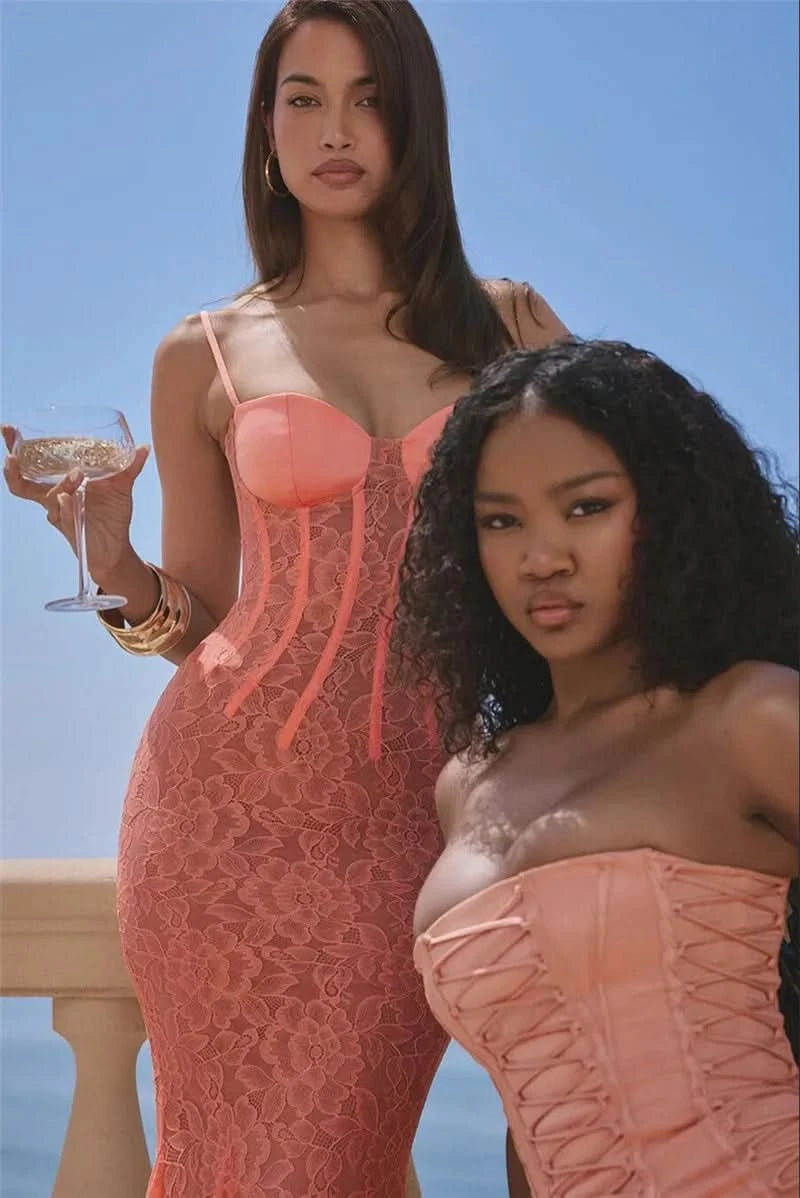 Mozision Floral Lace Sexy Maxi Dress For Women Orange Spaghetti Strap Sleeveless Backless Bodycon Club Party Long Dress Elegant - M & M Global