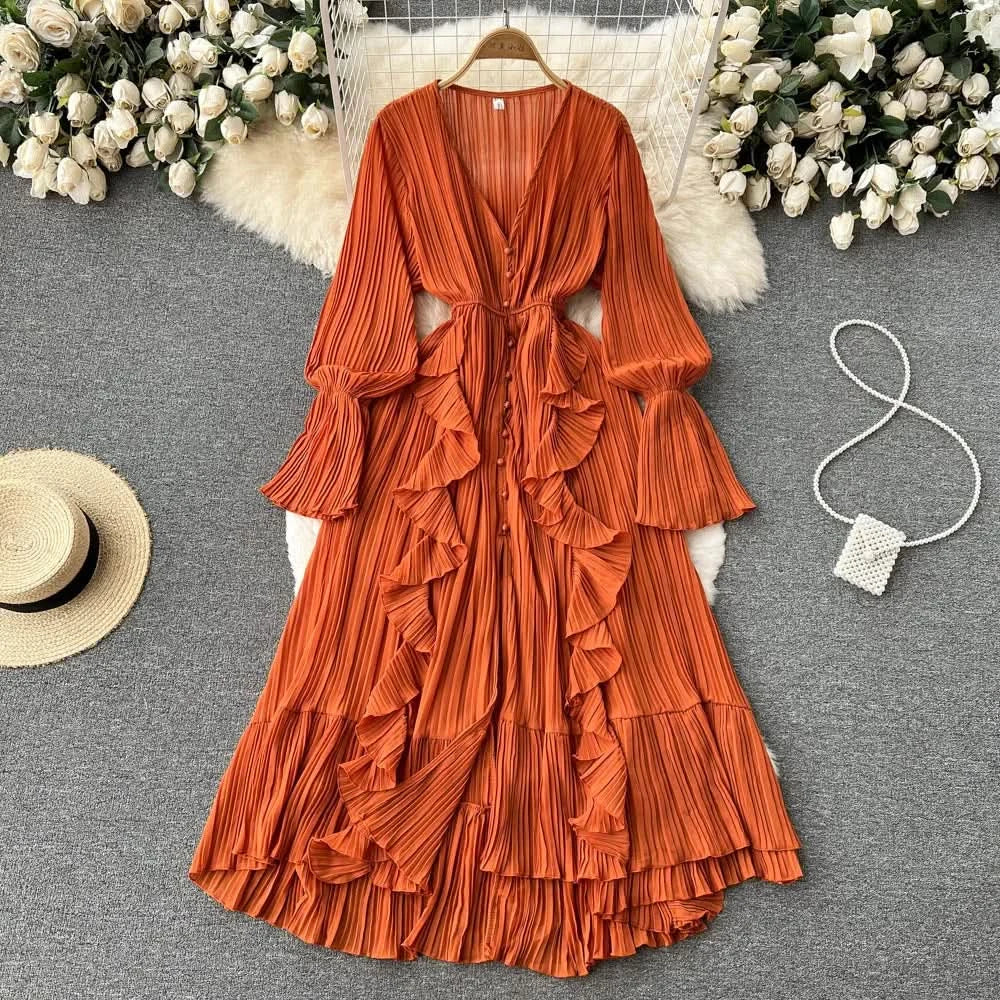Purple/Brown/Red Chiffon Pleated Long Dress Women Vintage V-Neck Flare Sleeve Draped Ruffle Vestido Female Maxi Robe Spring Fall - M & M Global