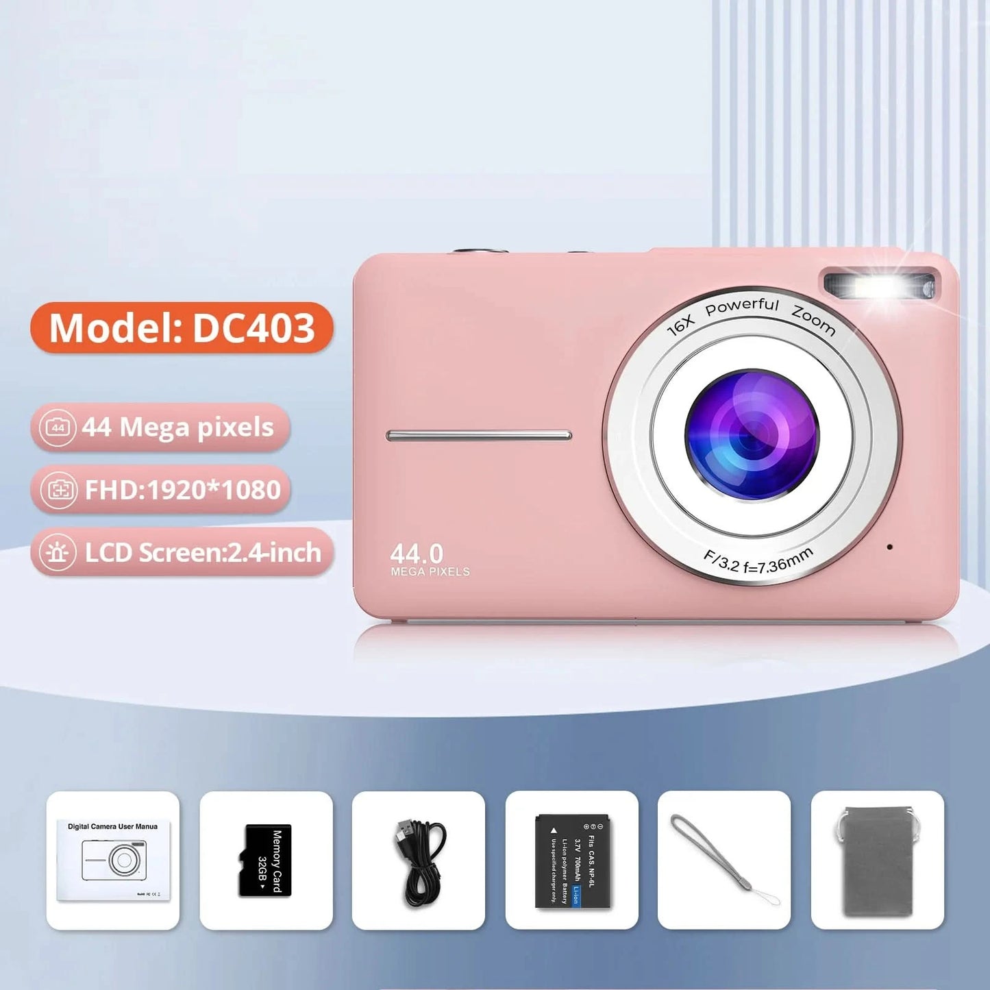 HD 1080P 2.4 inch digital Camera Rechargeable Cameras with 16x Zoom Compact Camera 44MP Cameras for kids Beginner Camera - M & M Global
