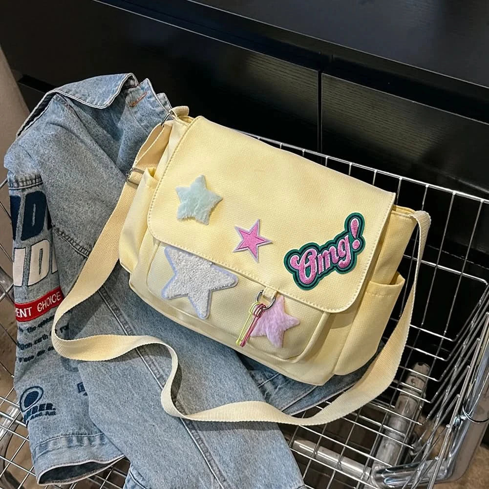 Women Cute Messenger Bag Large Capacity Canvas Student School Bag Star Letter Applique Candy Color Leisure Travel Outdoor Bag - M & M Global
