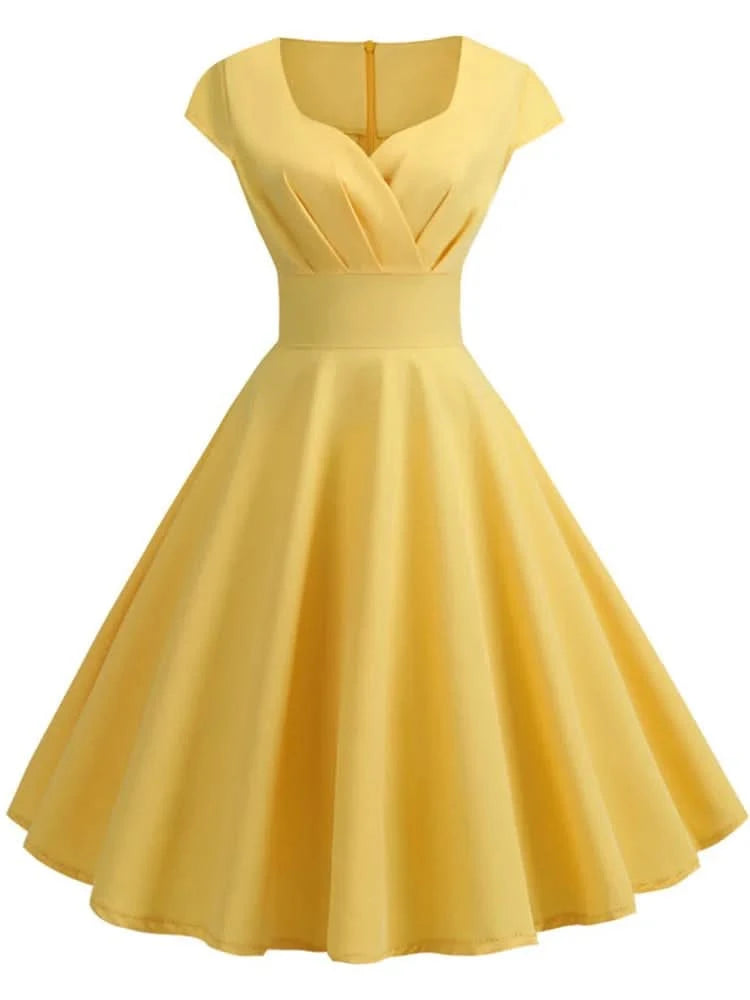 Pink Summer Dress Women V Neck Vintage Robe Elegant Retro pin up Party Office Midi Dresses - M & M Global