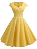Pink Summer Dress Women V Neck Vintage Robe Elegant Retro pin up Party Office Midi Dresses - M & M Global