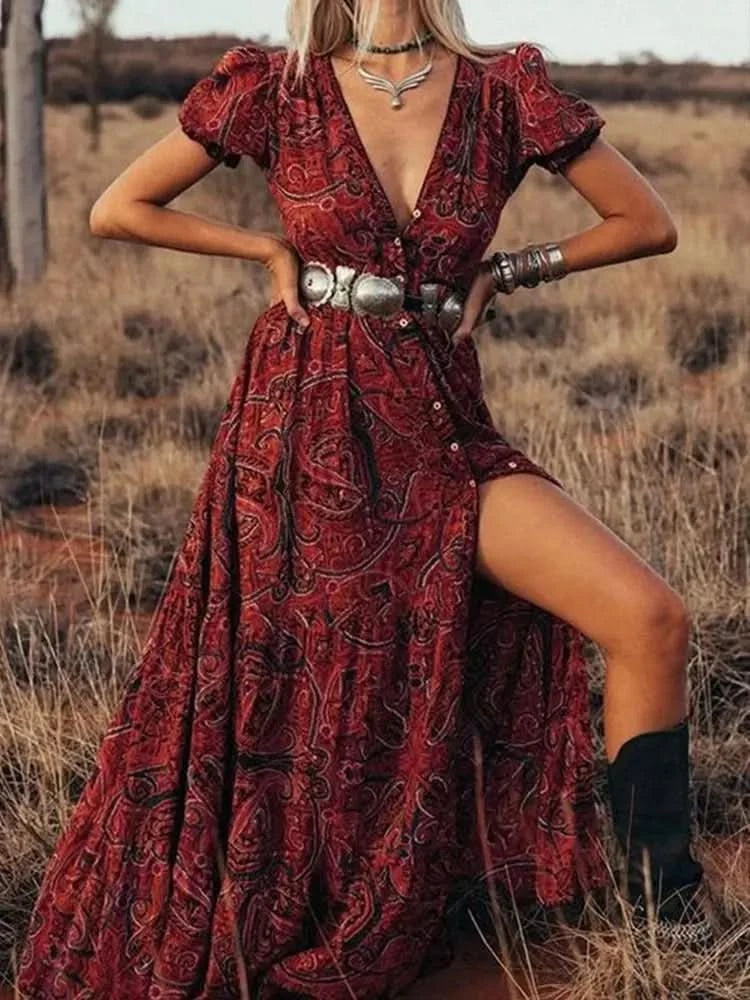 TEELYNN boho long dress Vintage 2023 floral print Chiffon three quarter sleeve v-neck summer Gypsy Hippie women dresses vestidos - M & M Global