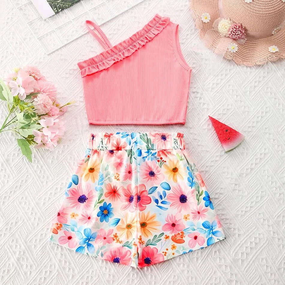 Girls Children Fashion Suit One Shoulder Top & Shorts Printed Floral Girl Summer Suspender Set Birthday Gift Fashion Suits - M & M Global