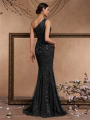 Luxury Skew-shouldered Applique Sequins Formal Evening Dresses Elegant Mermaid Maxi Sleeveless Party Cocktail Prom