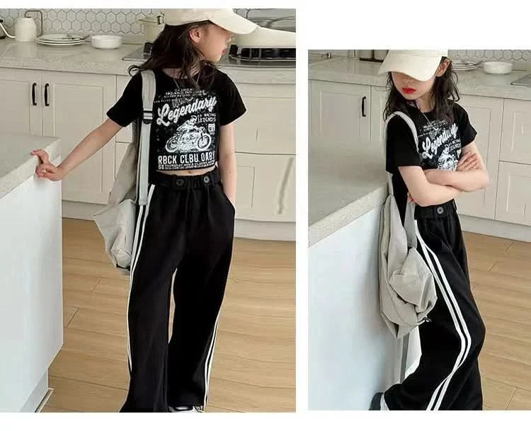 Girls' summer casual suit, new children's fashionable T-shirt, casual pants, summer dress, foreign short-sleeved two-piece set, - M & M Global