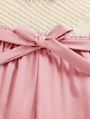 A set of two fashionable and simple cartoon print cool round-neck knitted tops and summer thin wide-leg pants for girls