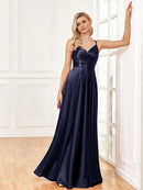Luxury V-Neck Satin Sleeveless Blue Formal Evening Dress 2024 Women Elegant Sexy Slip Wedding Party Long Prom Dress