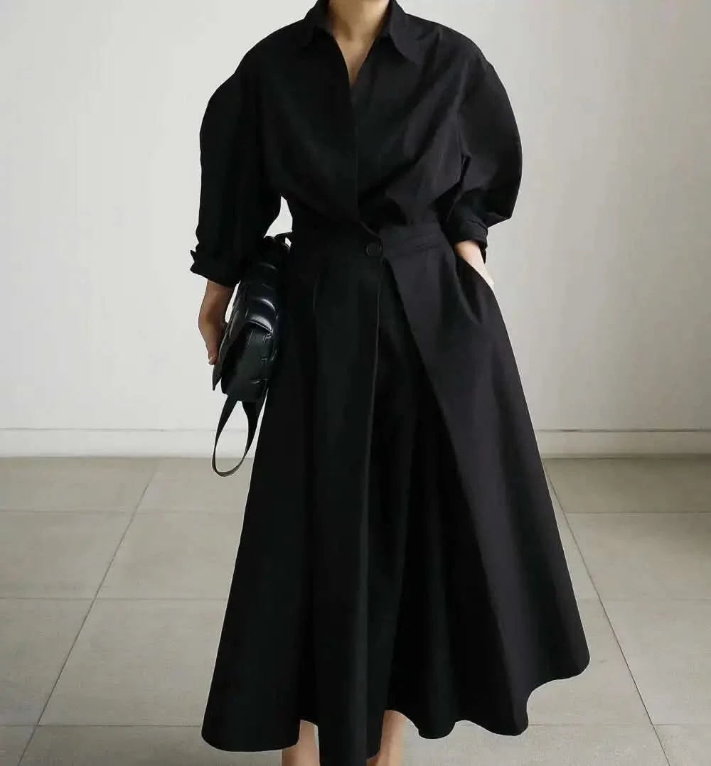 LANMREM Women's Clothing Long Dress Turn Down Collar With Button Pockets Loose Casual Dresses Female Streetwear Fashion 2C2019 - M & M Global