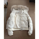 Y2K American Retro Fluffy Fur Collar Hooded Cotton Coat Women Solid Cream Winter Warm Slim Casual Jacket
