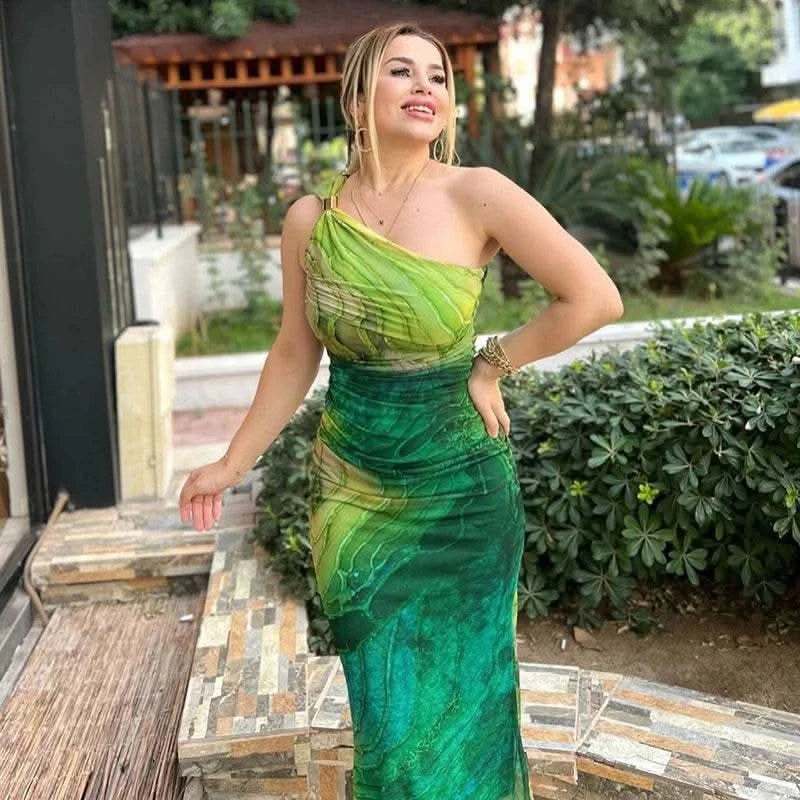 CUTENOVA Sexy Slash Collar Gradient Print Long Dress Summer Chic One-Shoulder Backless Party Dresses Sleeveless Hollow Slim Fit - M & M Global