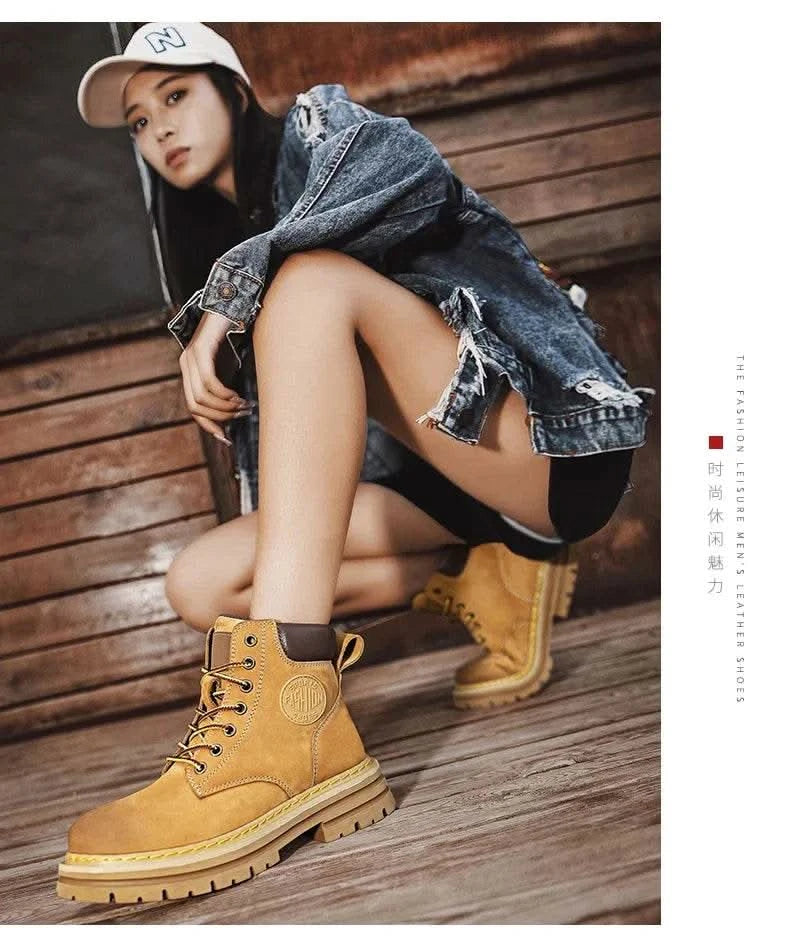 Boots Men High Top Boots High Quality Women Leather Shoes Fashion Outdoor Sneakers Men Lace Up Non-Slip Ankle Boots for Couple - M & M Global