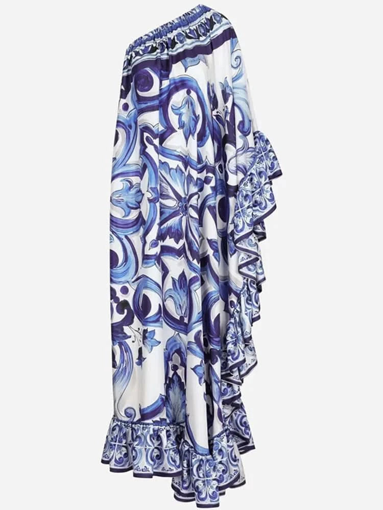 Summer Long Dress Women Runway Blue And White Porcelain Asymmetry Sexy Off The Shoulder Ruffles Hem Loose Robe Maxi Vestidos - M & M Global