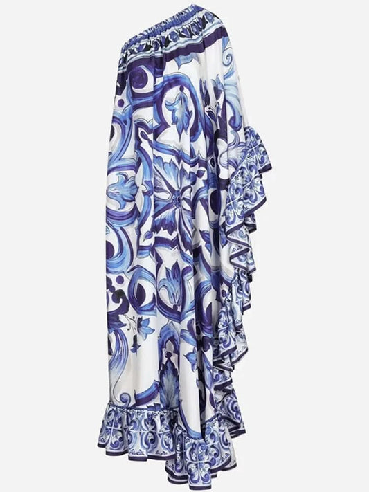 Summer Long Dress Women Runway Blue And White Porcelain Asymmetry Sexy Off The Shoulder Ruffles Hem Loose Robe Maxi Vestidos - M & M Global