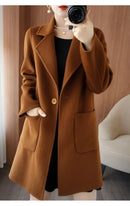 Plus Size Women's Long Sleeve Woolen Coat Pure Color Slim Fit Midi Length Spring New Style Compact Size Versatile Quality Pol...