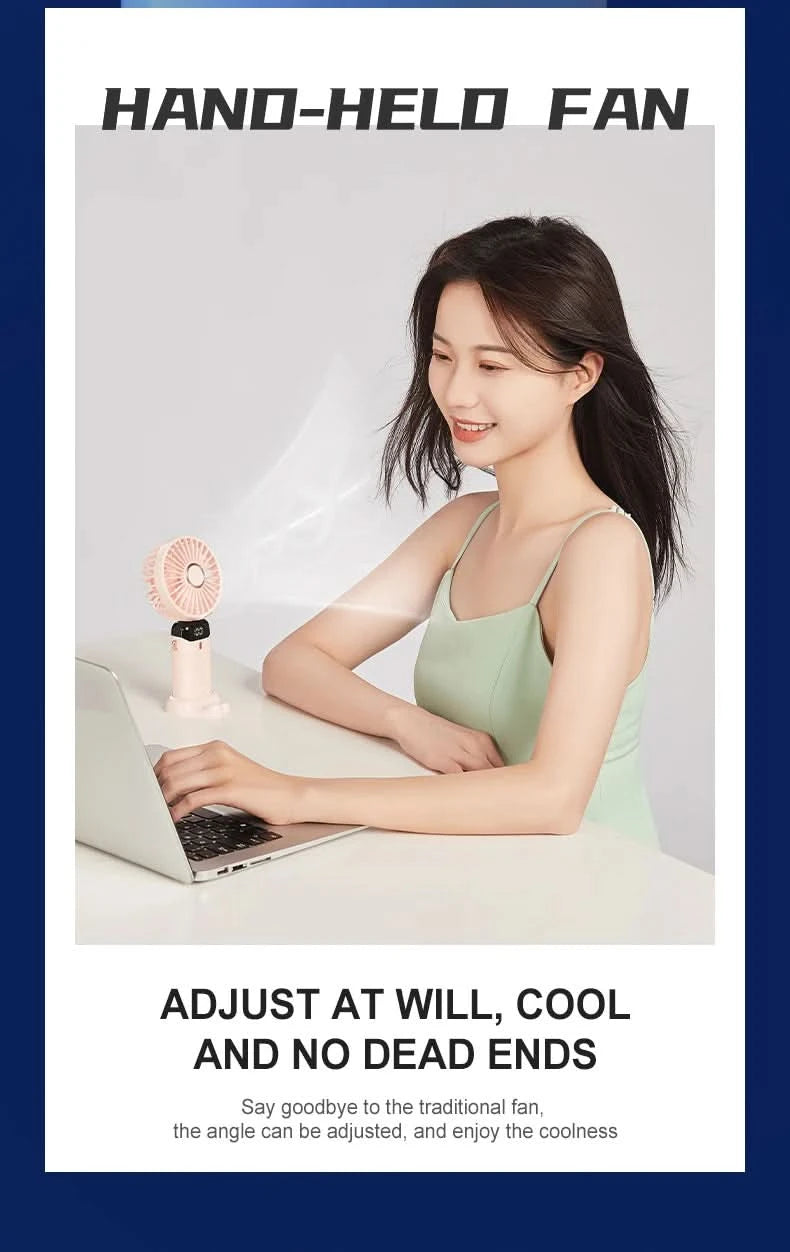 USB Handheld Mini Fan Foldable Portable Neck Hanging Fans 5 Speed USB Rechargeable Fan with Phone Stand and Display Screen - M & M Global