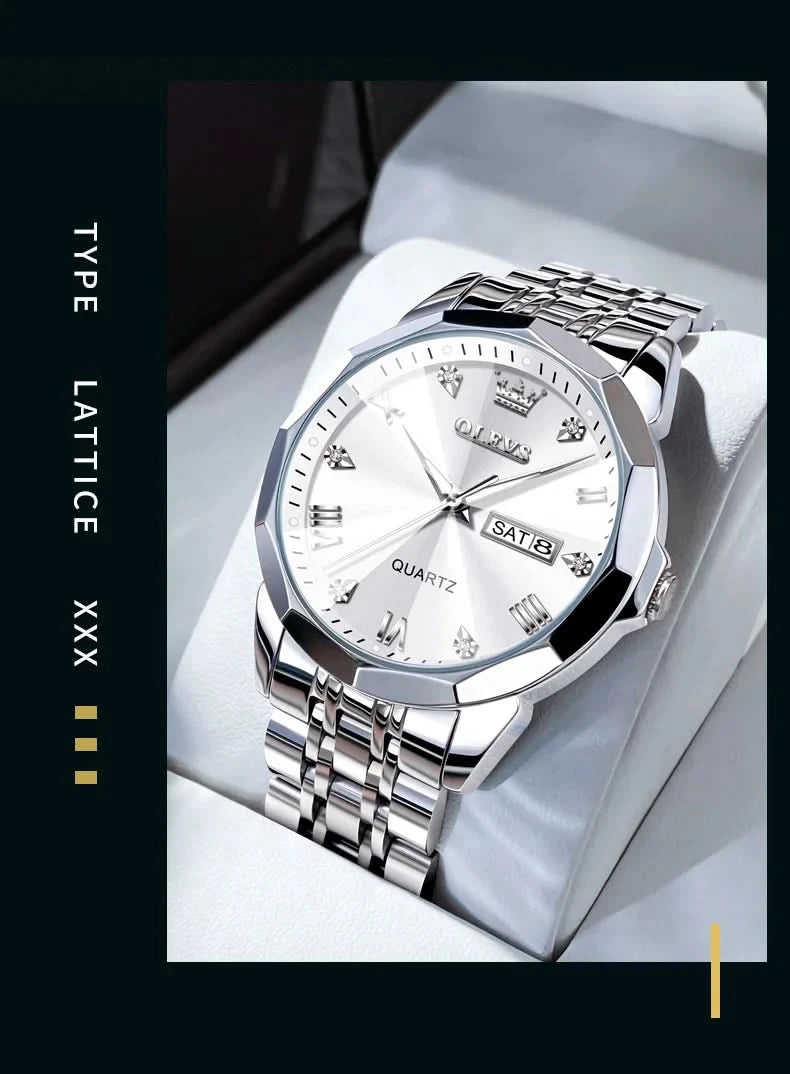 OLEVS Men's Watches Causal Fashion Original Quartz Watch for Man Waterproof Stainless Steel Luminous Date Week Trend Dress Reloj - M & M Global