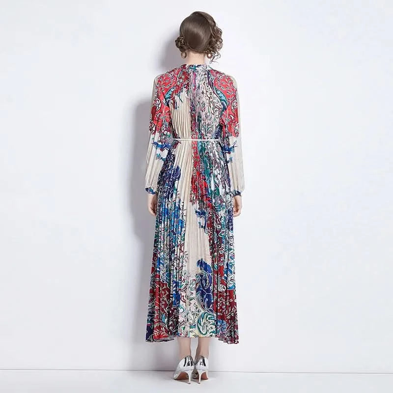 Spring Holiday Print Long Dress For Women Fashion Loose Lantern Sleeve Party Robe Female Big Swing Tassels Belt Pleated Clothes - M & M Global