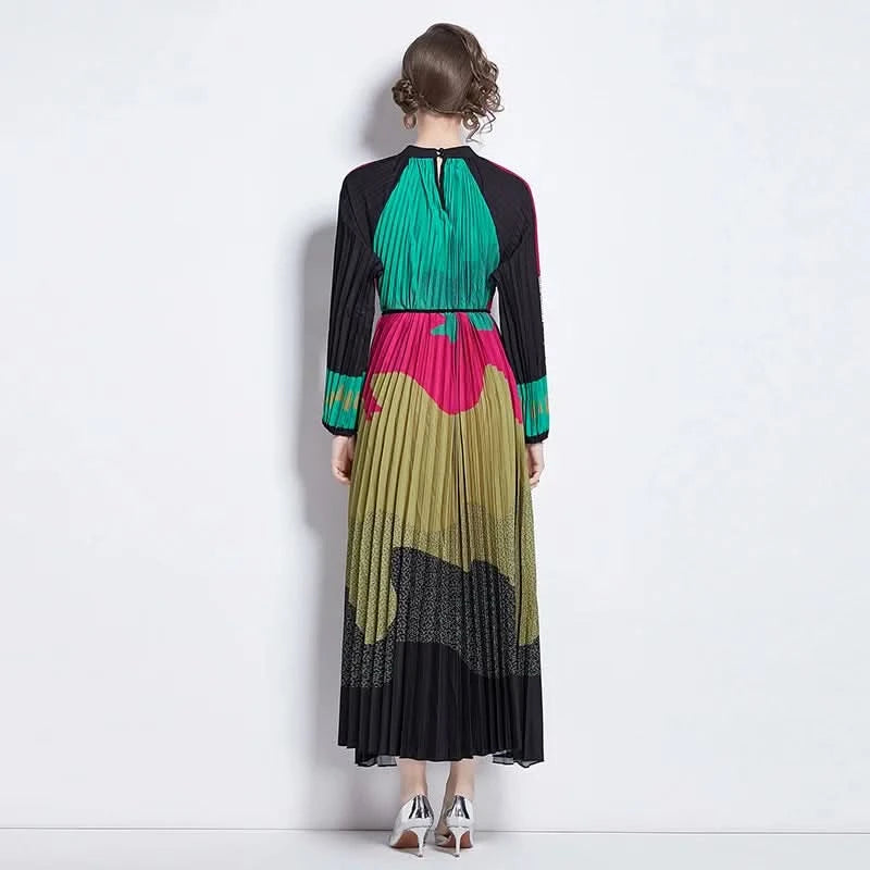 Spring Holiday Print Long Dress For Women Fashion Loose Lantern Sleeve Party Robe Female Big Swing Tassels Belt Pleated Clothes - M & M Global