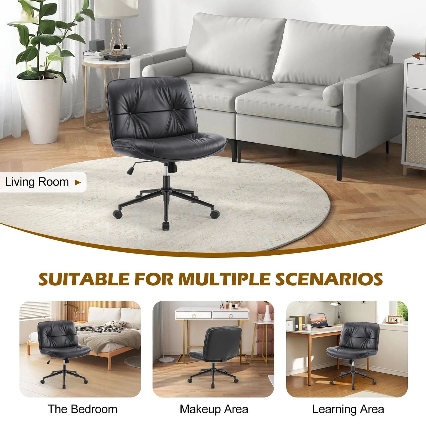 JHK PU Leather Cross Legged Office Chair with Wheels Armless Desk Chair Height Adjustable Swivel Wide Seating for Home Bedroom