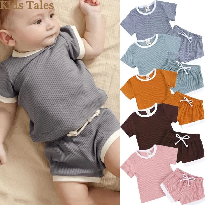 2025 New Style Baby Boy Clothes Sets For Children Kids Girls Clothes Ribbed Solid Cotton Short Sleeve Tee＋Pants Toddler Clothing - M & M Global