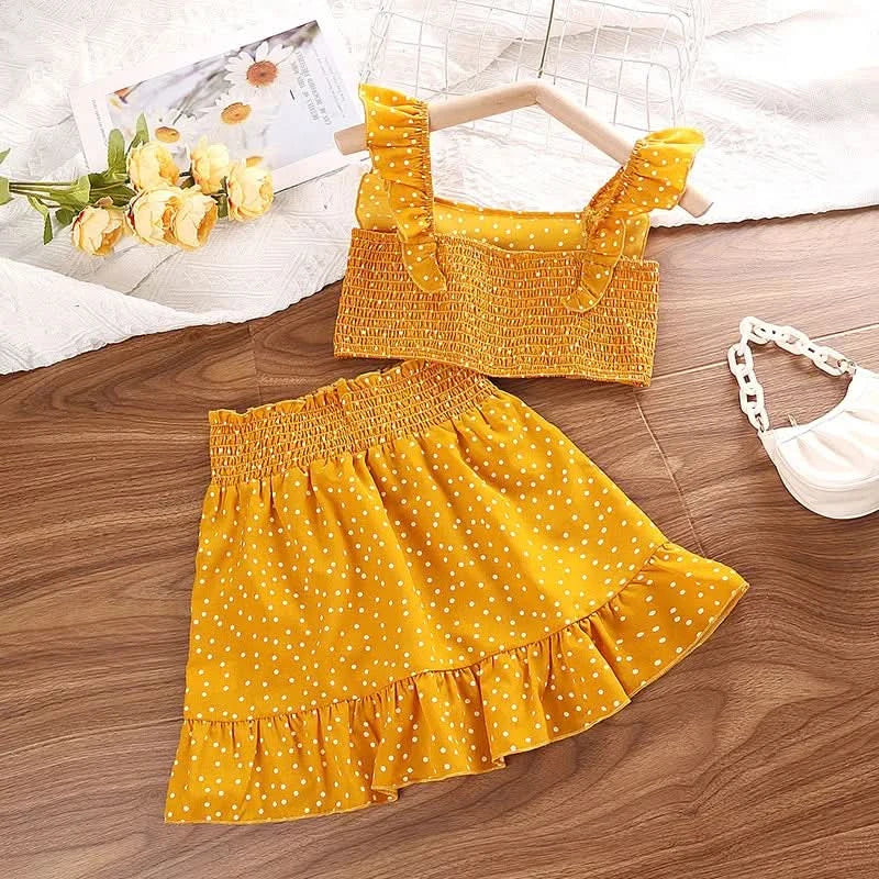 Girls' Clothing Set 5-12T Tri-Color Optional Flying Sleeve Square Collar Vest Top + Lace Skirts  Children Girls Baby Clothes Set - M & M Global
