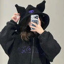 Thickened Loose Hooded Sweatshirt in Black with Embroidery Lambskin Imitation for Autumn And Winter Trendy Streetwear for Girls