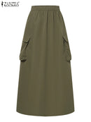 ZANZEA 2024 Vintage Cargo Maxi Skirts Women Elegant Loose Jupes Office Big Pockets Jupes Autumn Elastic Waist Skirts Streetwear