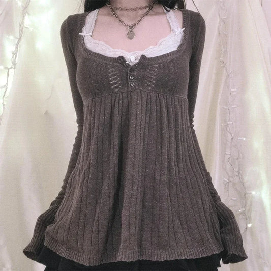 2000s Vintage Long Sleeve Babydoll Knitted Sweater Tops Cottage Milkmaid Pullovers Aesthetic Grunge Y2k Knitwear T-shirts Women