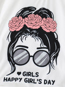 A set of two fashionable and simple cartoon print cool round-neck knitted tops and summer thin wide-leg pants for girls